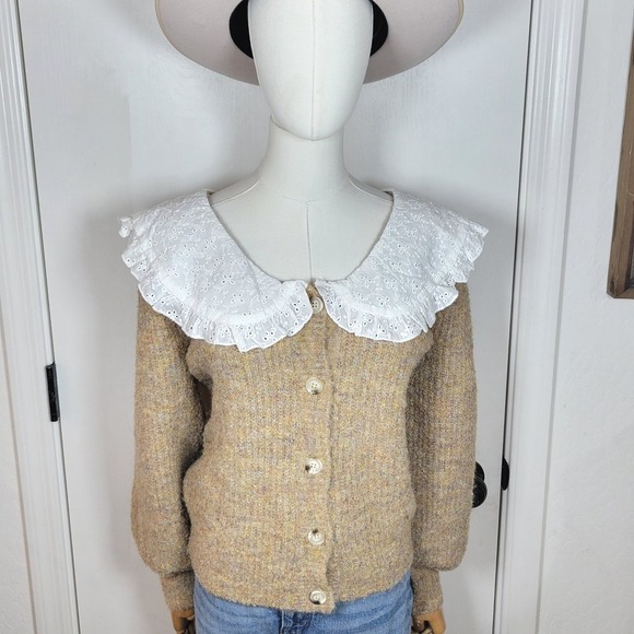 Lush Button Front Cardigan Sweater Eyelet Lace Collar Cottagecore, Whimsical, M - Picture 1 of 9